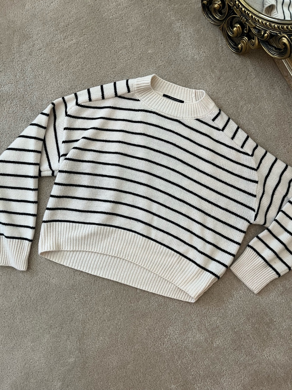 T Tahari Black & White Striped Crewneck Sweater